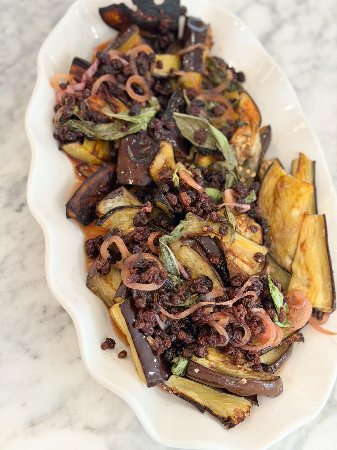 Roasted Eggplant with Pickled Raisins and Basil