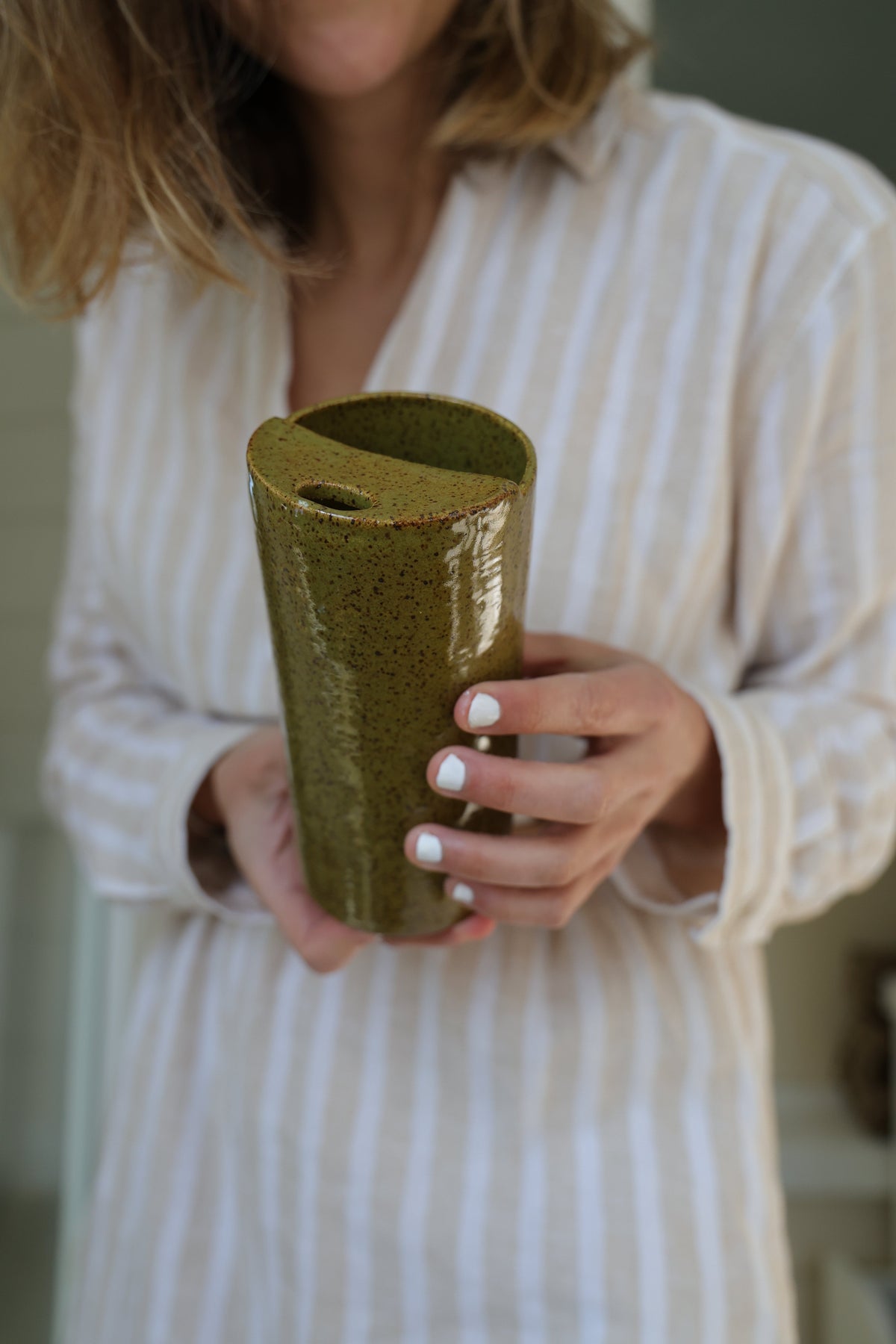 Olive Speckled Travel Mug, To Go Cup, On The Go Cup, Ceramic Travel Mug