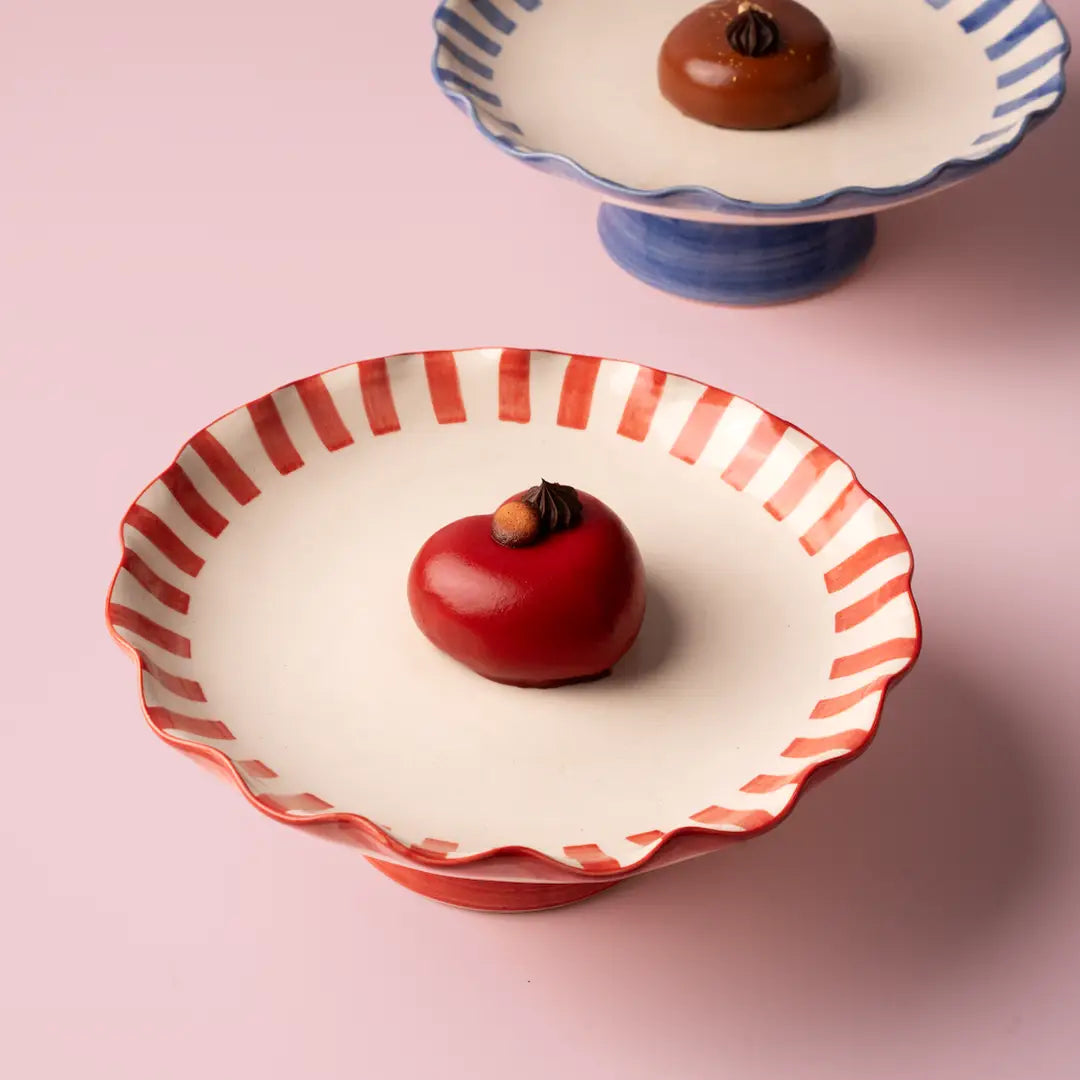 Red Stripe Cake Stand | Handpainted Stoneware