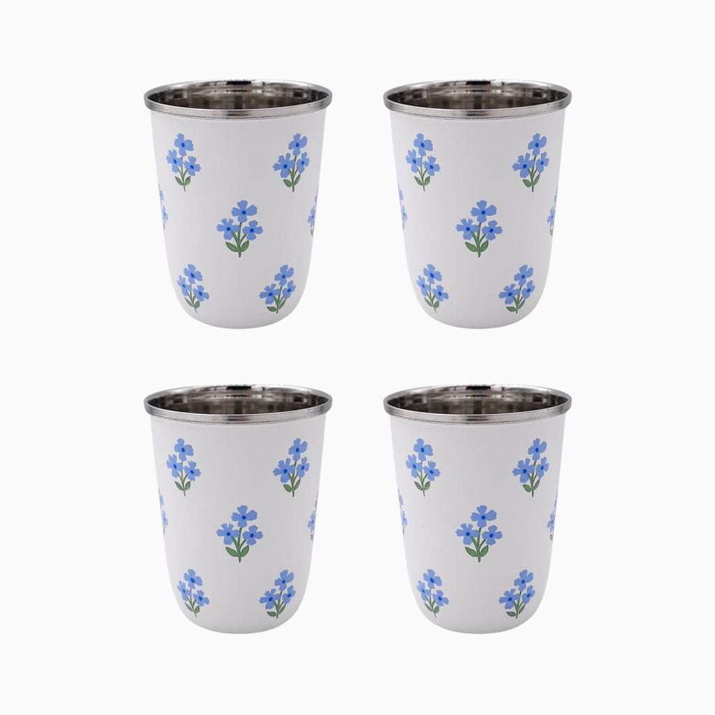 Floral Blue Short Enamelware Tumblers - Set of 4